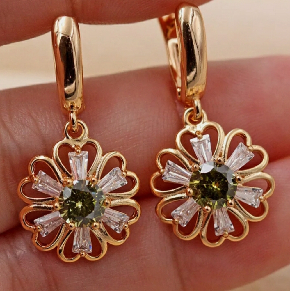 Gold Filled  & Green  Zircon Flower  Earrings